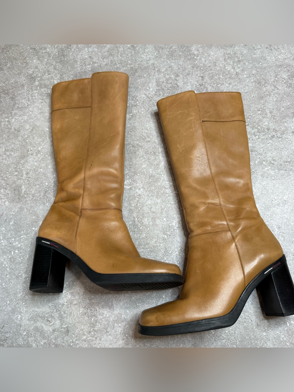 Vintage 90s Tommy Hilfiger Square Toe Block Heel Tan Leather Tall Boots size 7.5